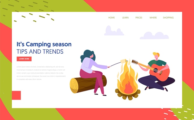 Man and Woman Character Playing Guitar Fries Marshmallow near Bonfire in Forest Landing Page. Nature Summer Outdoor Camping. Active Rest Concept Website or Web Page. Flat Cartoon Vector Illustration