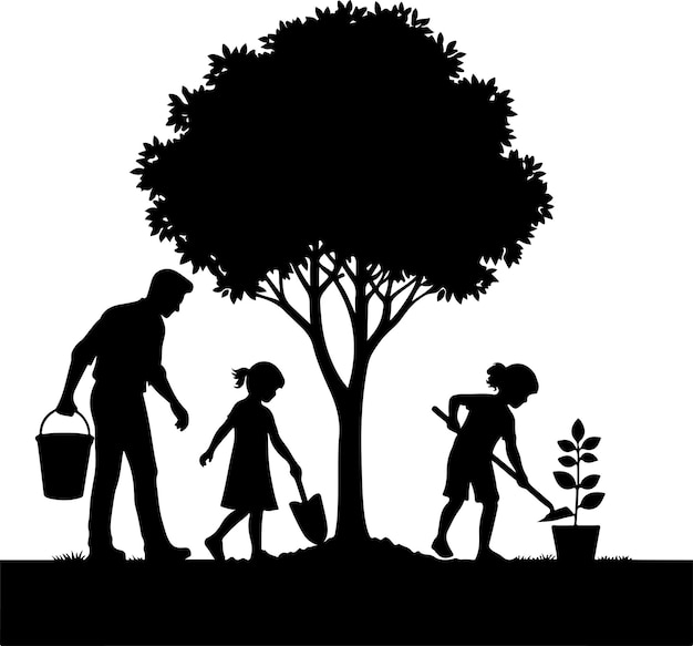 man woman children planting tree vector silhouette