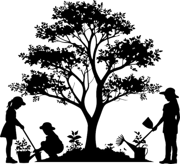 man woman children planting tree vector silhouette