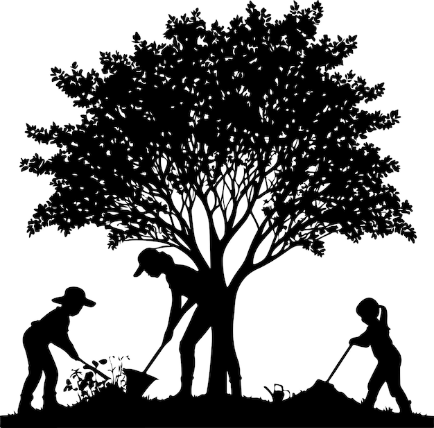 man woman children planting tree vector silhouette