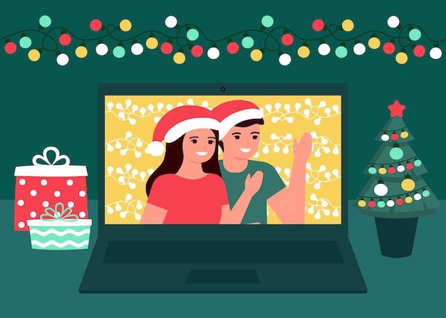 Man and woman communication online on Christmas holiday greeting Christmas and New Year