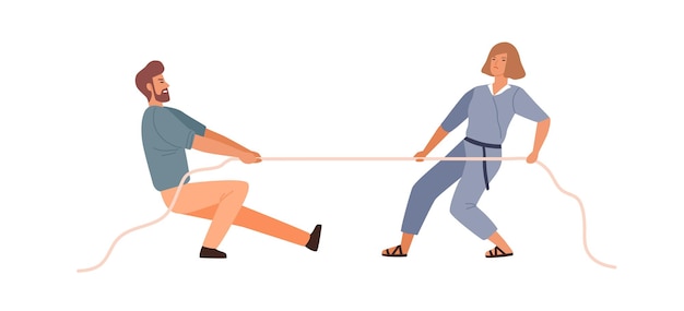 Vector man and woman competitors tug of war contest vector flat illustration. colorful male and female rivals pulling opposite ends of rope isolated on white. battle between wife and husband to leadership.