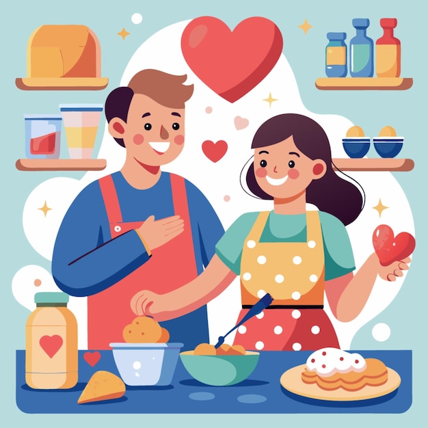 Vector a man and a woman cooking in a kitchen with a heart shaped box of pancakes