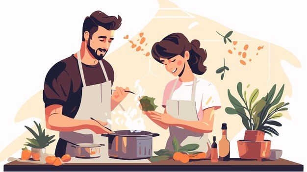 Vector a man and a woman cooking in a kitchen with a pot of vegetables