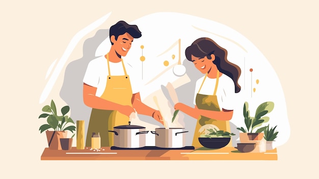 Vector a man and a woman cooking in a kitchen with potted plants