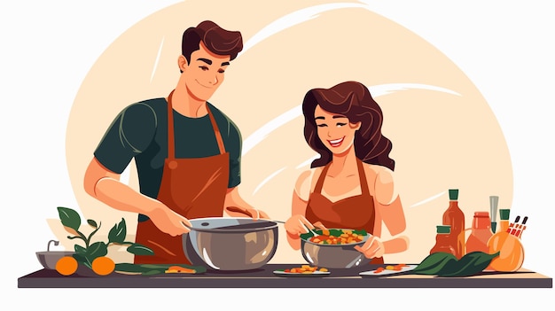 Vector a man and a woman cooking in a pan with a woman cooking