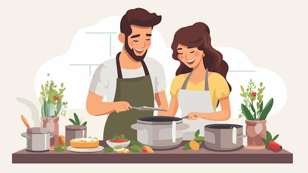 Vector a man and a woman cooking together in a kitchen