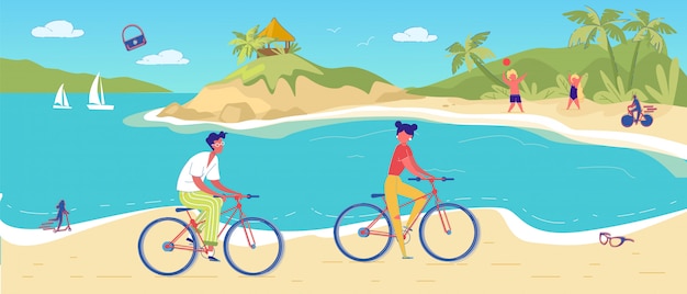 Man Woman Cycling in Tropical Sand Beach Resort