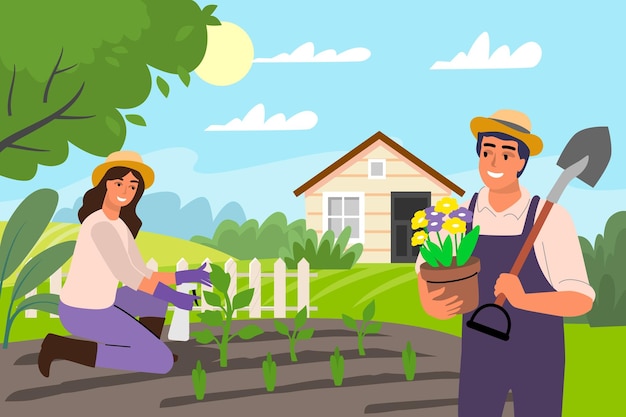 Man and woman doing spring gardening work vector People set spring