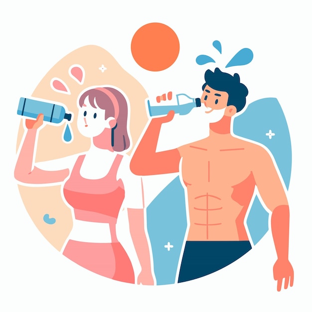 a man and woman drinking water stay hydrated flat simple vector illustrations on white background