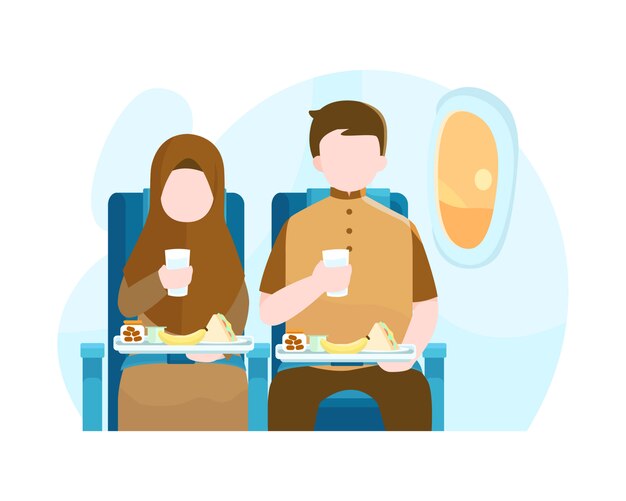 A Man And Woman Eat In Airplane