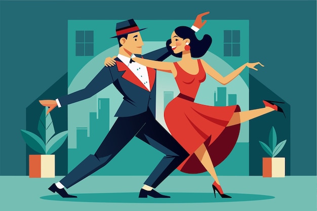 Vector a man and woman elegantly dance the tango together in a lively city environment with artistic details tango customizable flat illustration