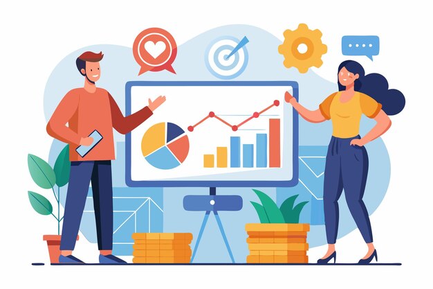 A man and woman evaluate market performance metrics while discussing strategies for improvement A man and woman analyze a flat market improvement graph together