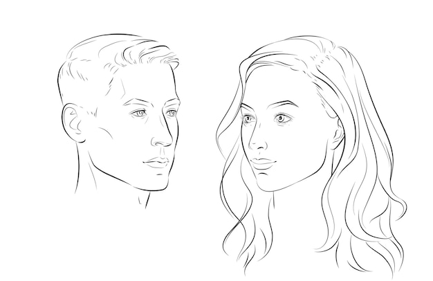 Man and woman faces Heads face Portrait of young beautiful girl boy Vector line sketch illustration