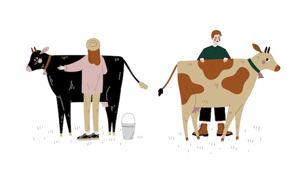 Vector man and woman farmer standing near milk cow grazing on pasture with bell hanging on its neck vector set