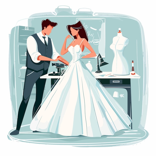 Vector a man and woman in front of a bridal gown