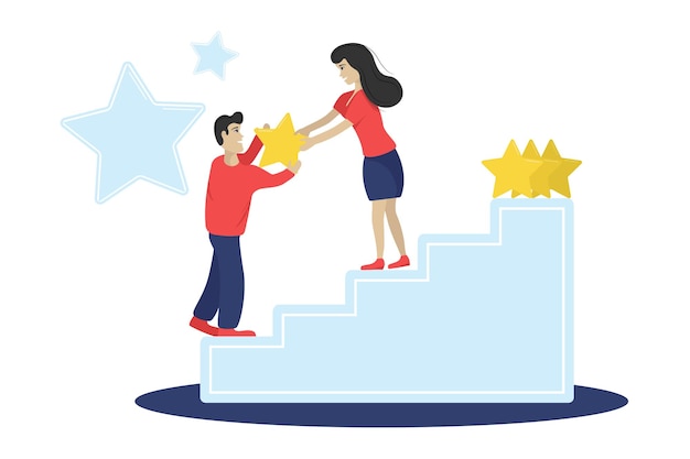 Man and Woman give each other star to give Feedback standing on stairs