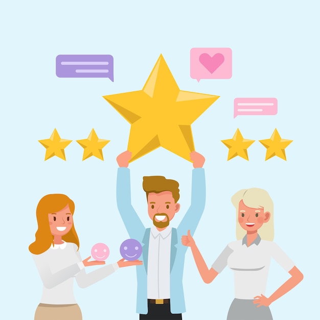 Man and woman give review rating and feedback Positive feedback form customer people character vector design