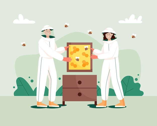 Man and woman in hat and protective uniform with a honeycomb frame and beehive