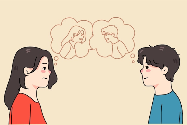 Man and woman hidden emotions in speech bubbles Unhappy couple lovers have relationships problems