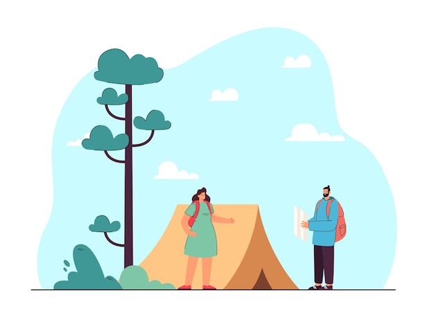 Man and woman on hike flat illustration