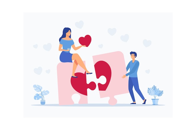 man and woman holding pieces of heart thats matching Valentines day flat vector modern illustration