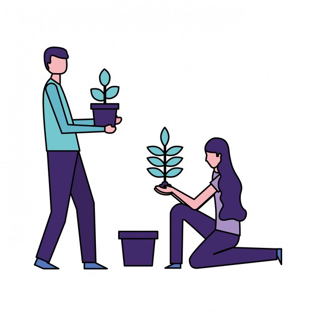 Man and woman holding potted plants