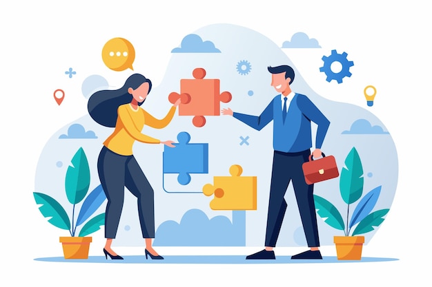 Man and Woman Holding Puzzle Piece two business people are looking for a solution to a business problem Simple and minimalist flat Vector Illustration