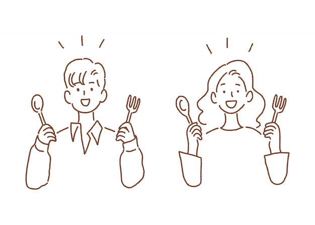 Man and woman holding spoon and fork 