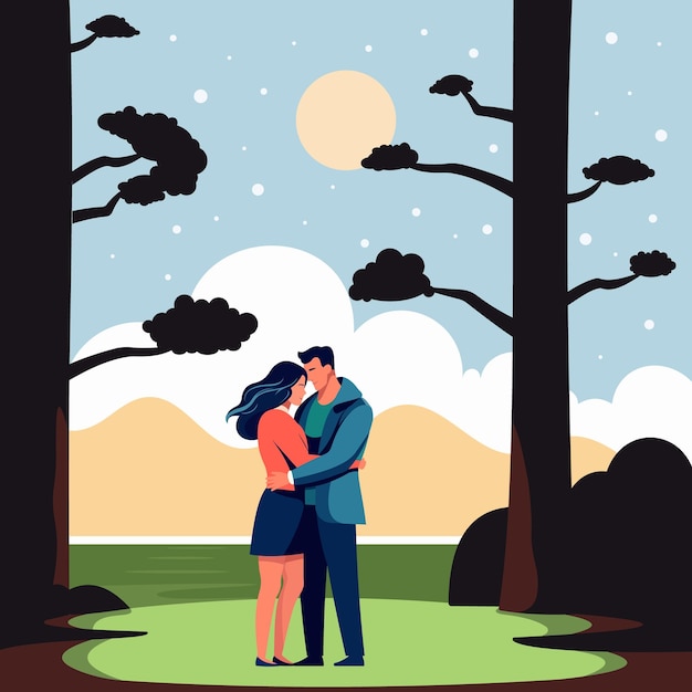 A man and a woman hugging in nature Flat vector illustration