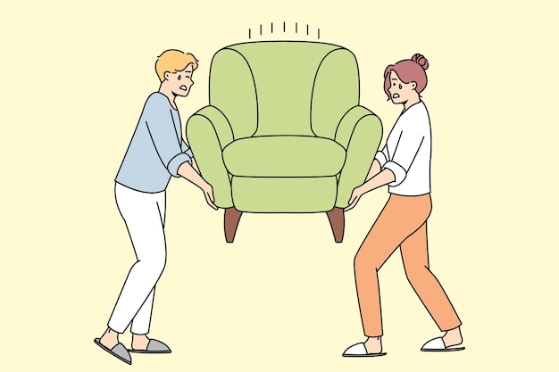 Man woman install heavy armchair after moving