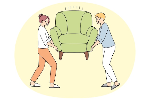 Man woman install heavy armchair after moving