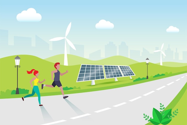 Man and woman jogging in park with solar panels and wind turbines background Renewable green