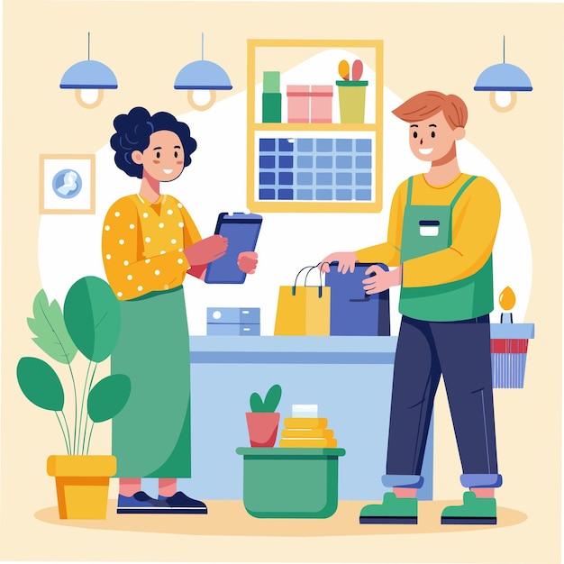 Vector a man and a woman in a kitchen with a pot of flowers and plants