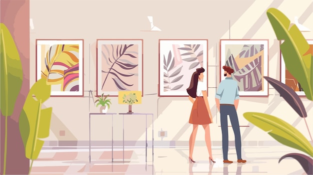 Vector man and woman looking at pictures in art gallery