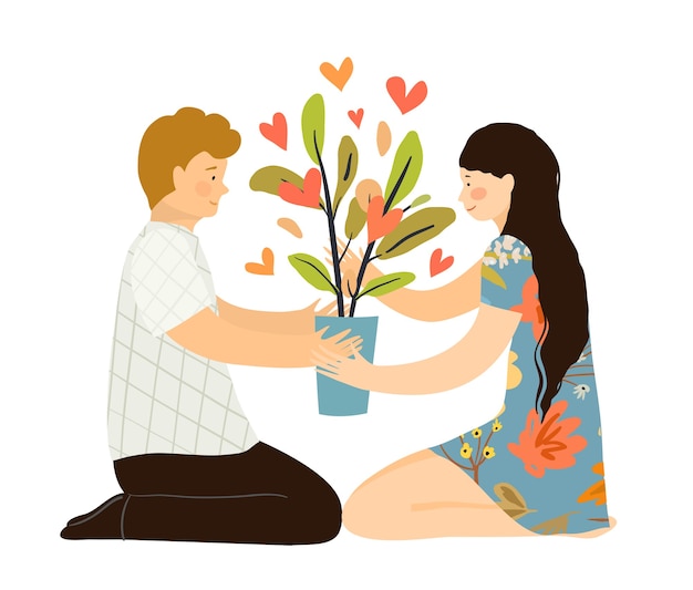 Man and woman in love sitting with houseplant on the floor, hunker down, holding flowerpot with bearing hearts plant. Growing love together psychological concept.