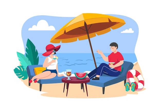 Man and woman lying on beach lounge and drinking cocktail