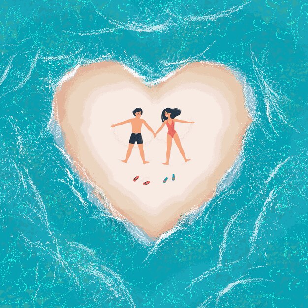 Vector man and woman lying on a white sandy island in the shape of a heart surrounded by the sea