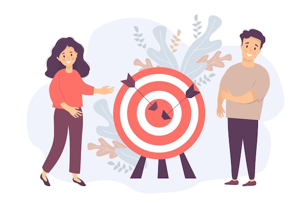 man and woman near target with arrows in center. Business concept goal, teamwork, result success,