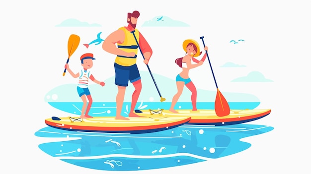 Vector a man and a woman paddle a boat with a man and a child on it