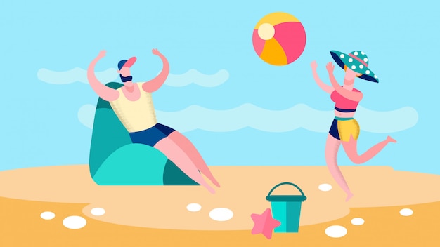 Man and Woman Playing Ballgame Flat Illustration