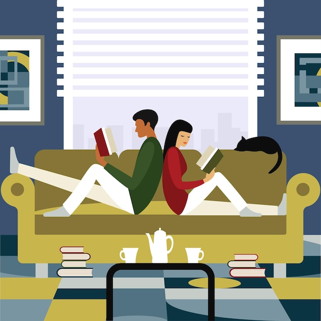 Man and woman reading books at home on the couch