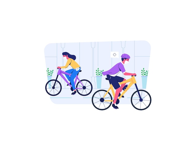 Man and woman riding a bicycle on road wear mask during covid19 pandemic situation flat cartoon style