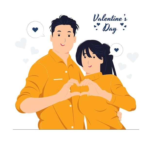 A man and a woman, romantic couple showing heart with two hands, love sign, heart shape while celebrating Saint Valentine's Day concept illustration