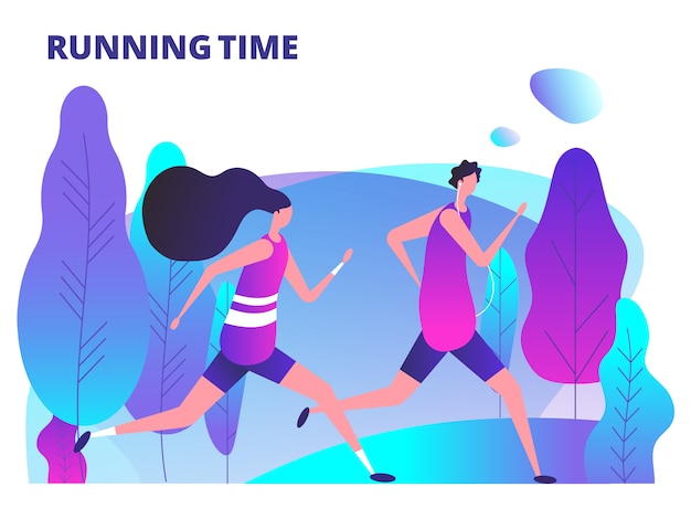 Man and woman running in park. Fitness workout and healthy body life style  illustration