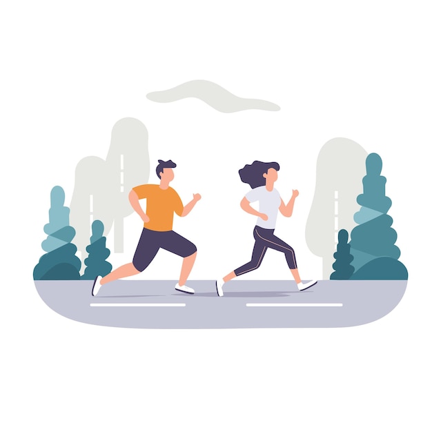 Man woman running together outdoors sporty couple jogging park Active lifestyle fitness routine