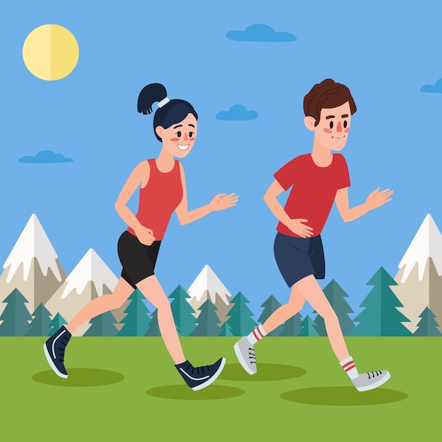 Man and Woman Running in the Woods and Mountains