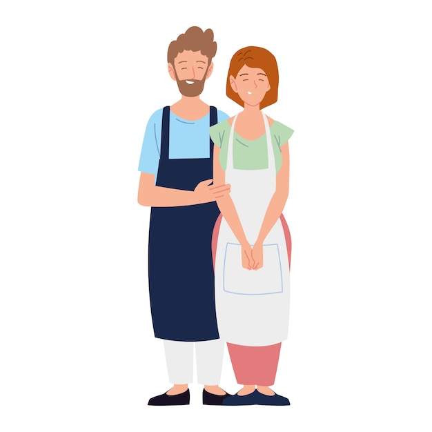 Man and woman sellers with apron on white background illustration