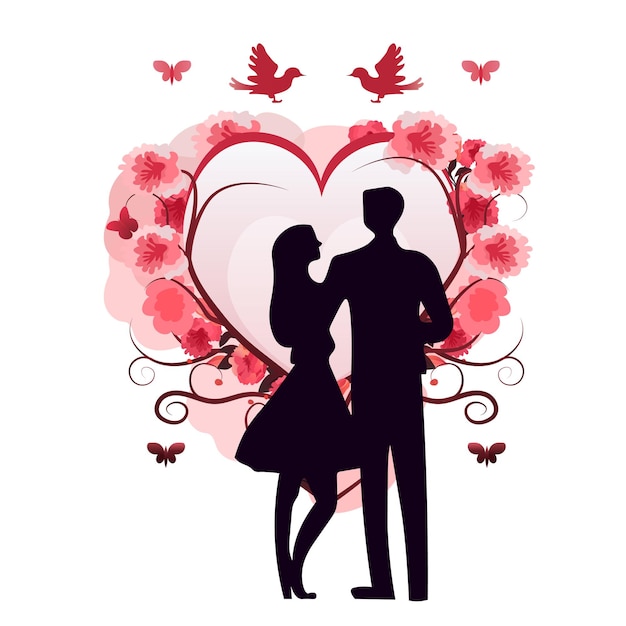 man woman silhouettes standing near flowers in heart shape happy valentines day celebration concept