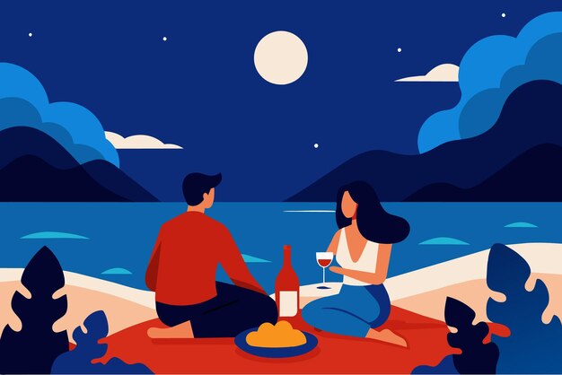 Vector a man and a woman sit on a beach the moon is shining on the sky